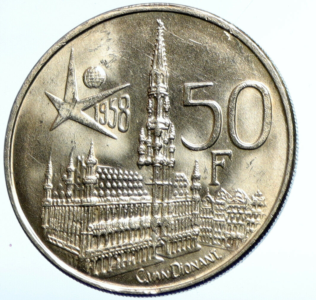 1958 BELGIUM BRUSSELS WORLD's FAIR 58 Baudouin BU Silver 50 Francs Coin i102917