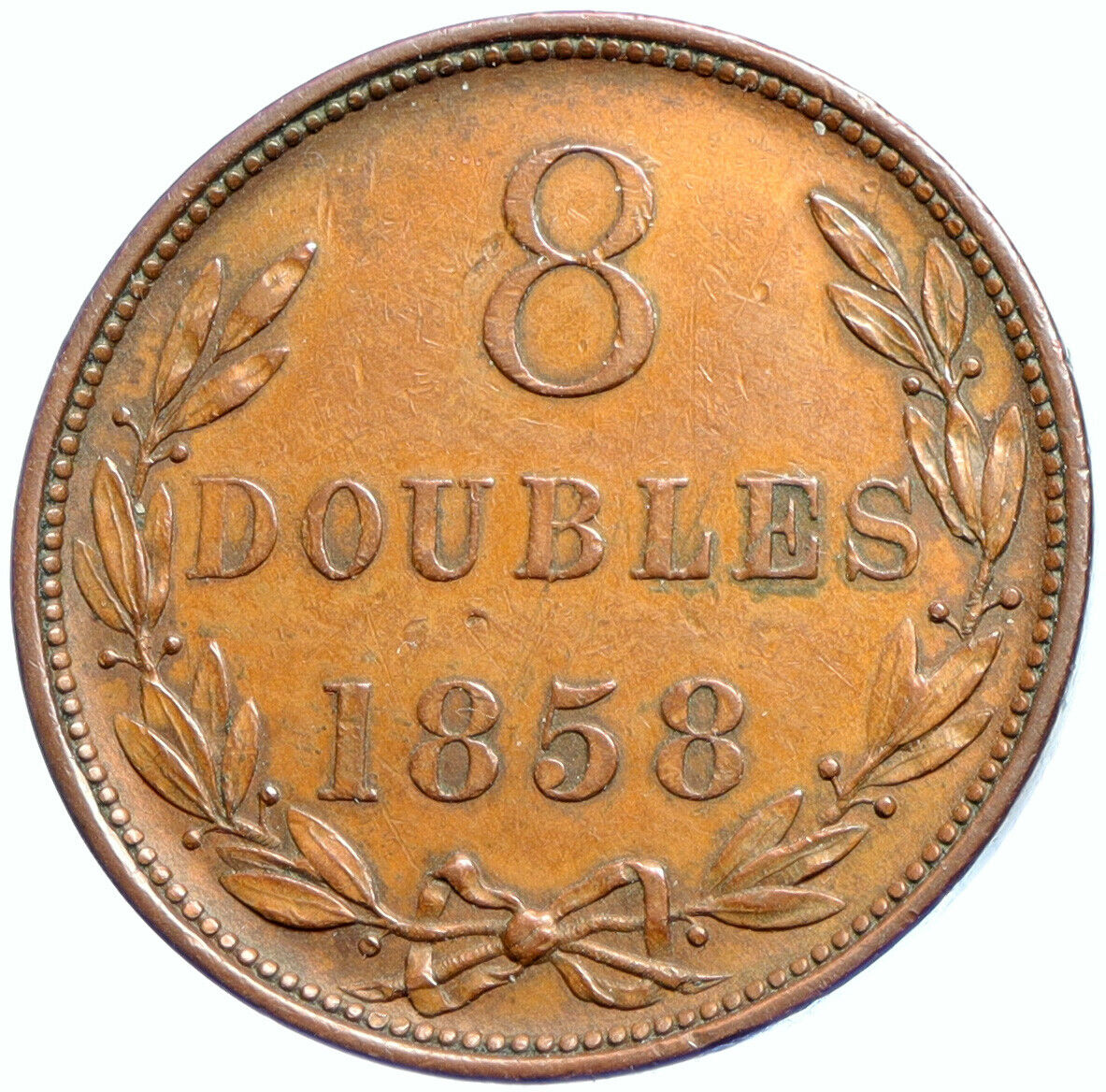 1858 GUERNSEY Island Genuine Three Lions Genuine Antique 8 Doubles Coin i102904