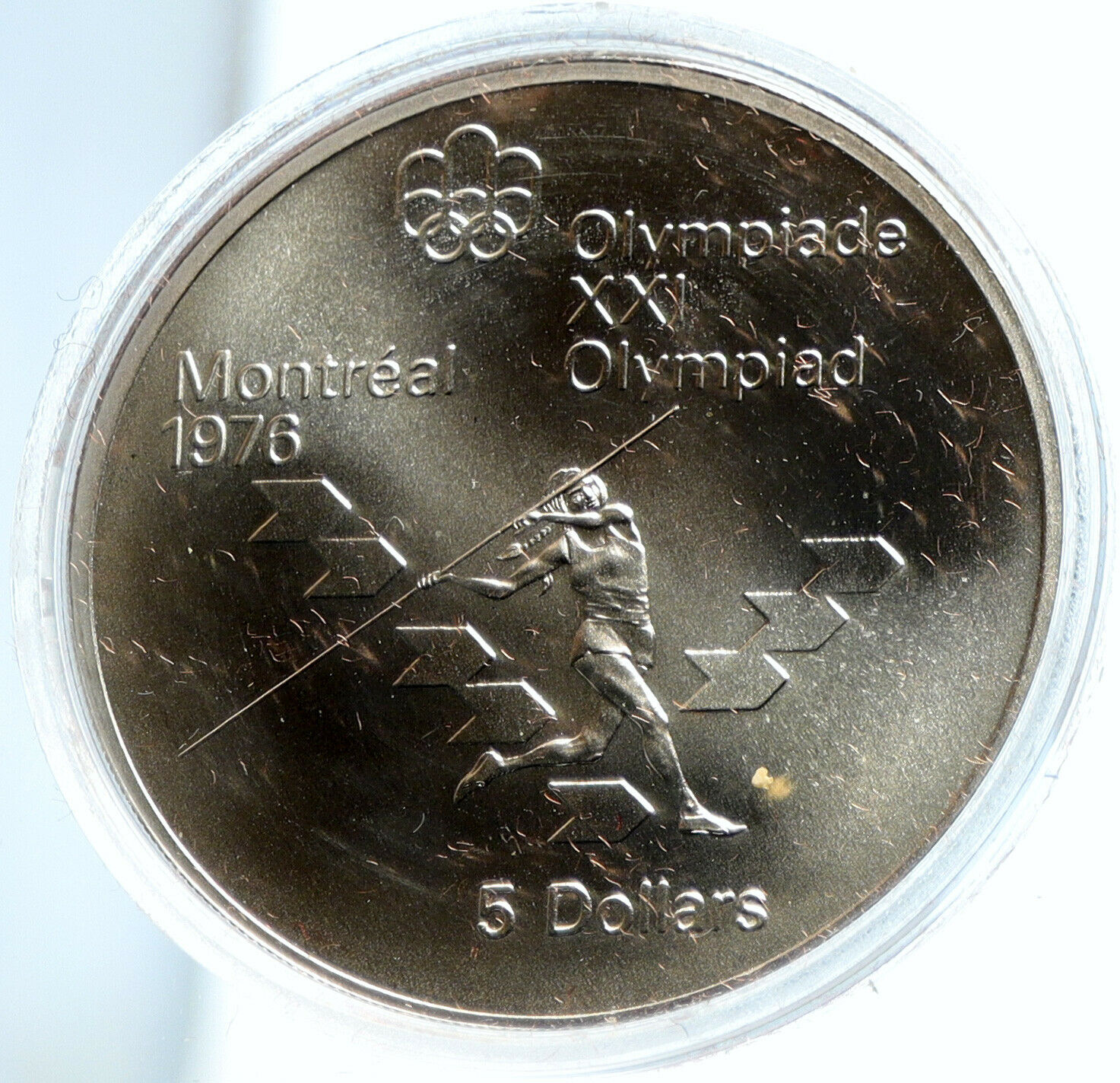 1975 CANADA Elizabeth II Olympics Javelin Athlete BU Old Silver $5 Coin i103780