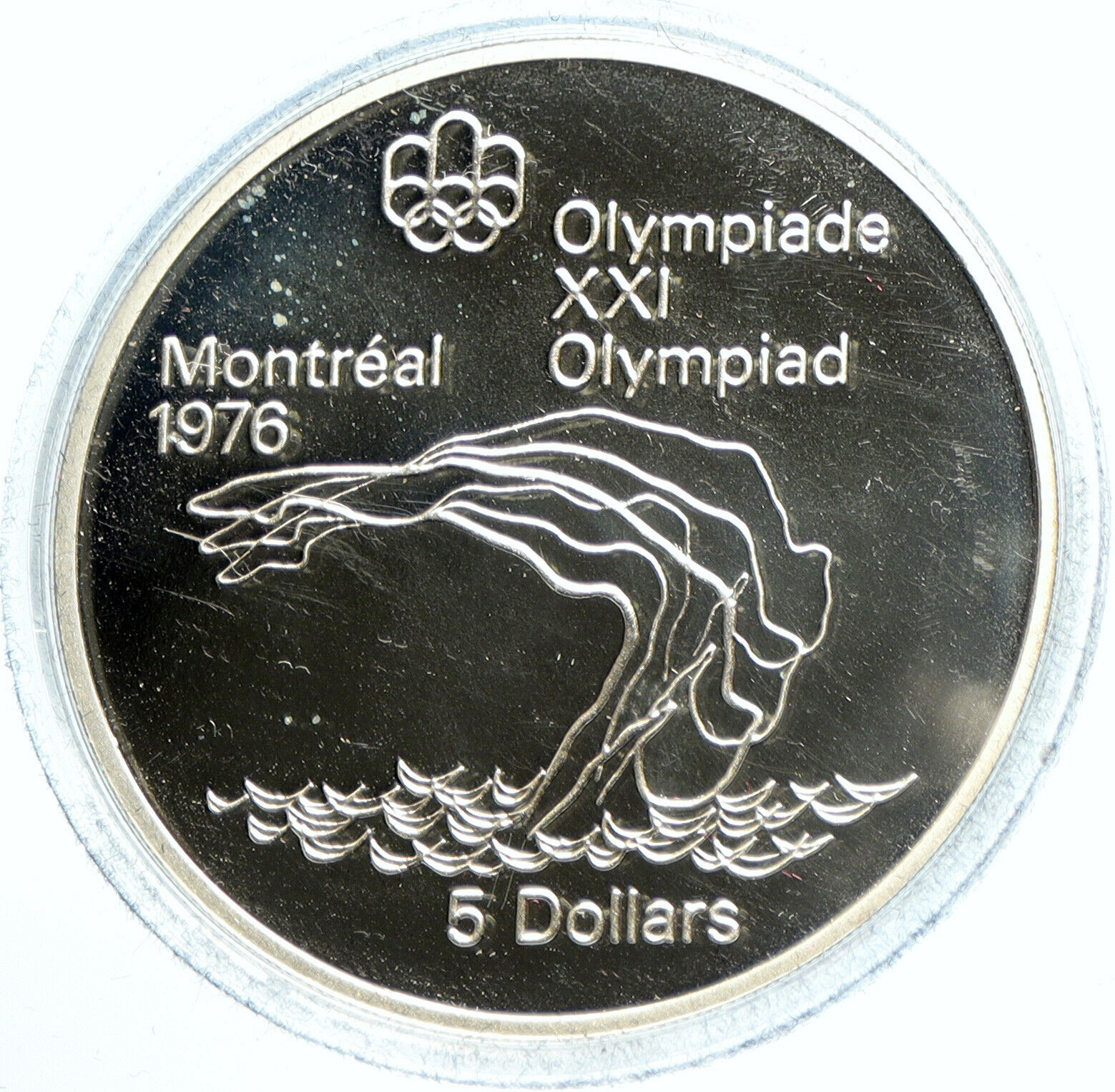 1975 CANADA UK Elizabeth II Olympics Montreal Diving PRF Silver $5 Coin i103517