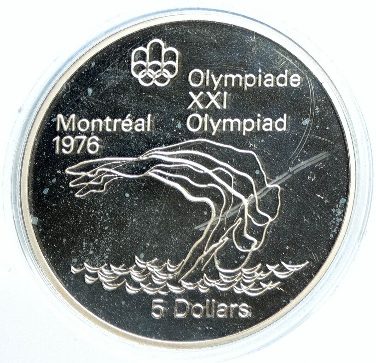 1975 CANADA UK Elizabeth II Olympics Montreal Diving PRF Silver $5 Coin i103514