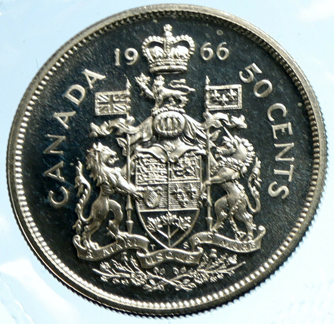 1966 CANADA UK Queen ELIZABETH II Unicorn Antique Silver 50 Cents Coin i103619