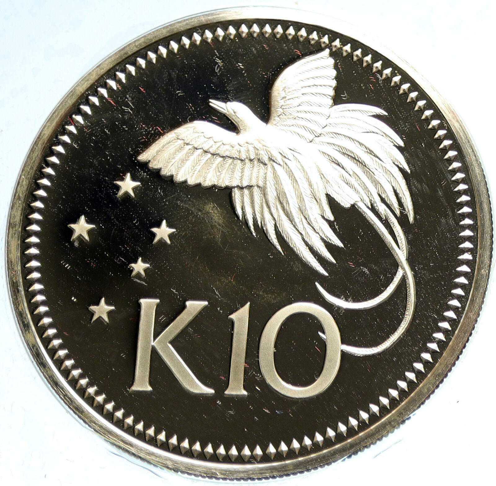 1975 PAPUA NEW GUINEA Large 4.5CM Exotic Bird Proof Silver 10 Kina Coin i103589