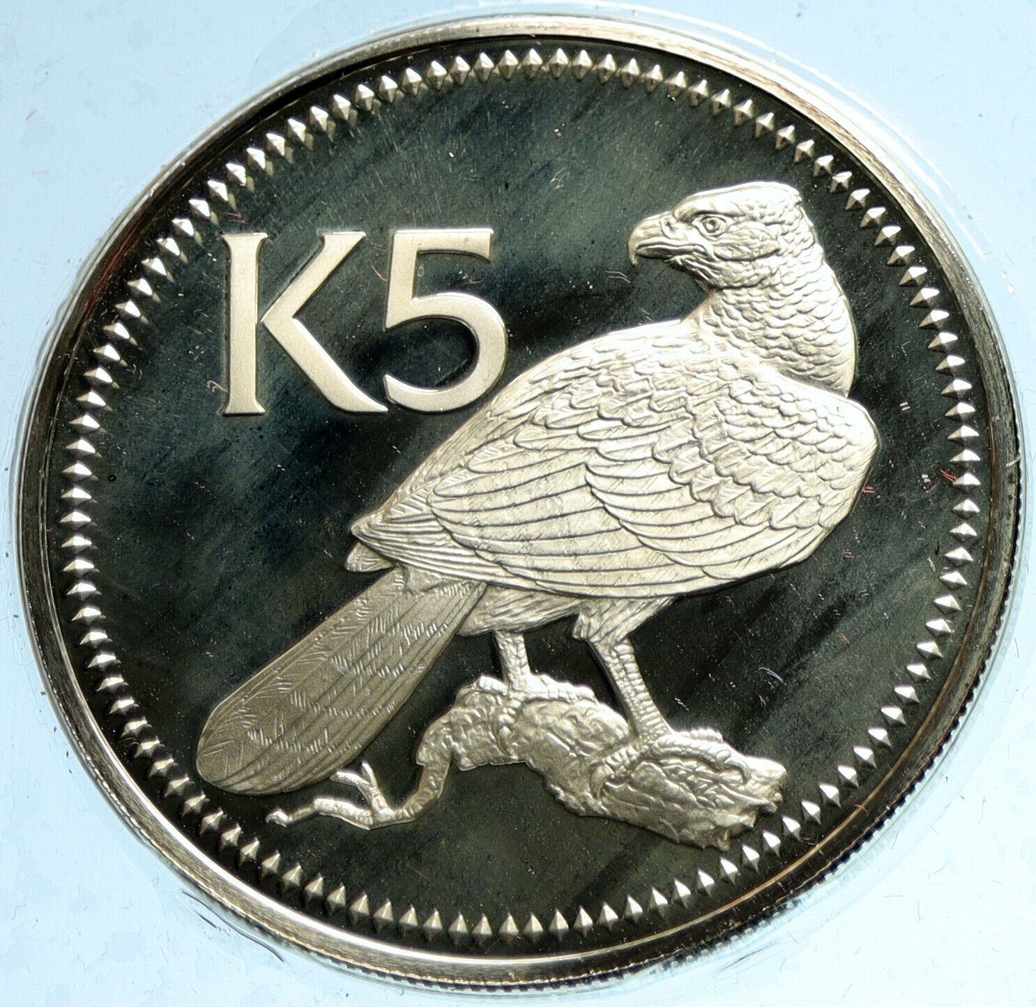 1975 PAPUA NEW GUINEA w PAPUAN Harpy EAGLE Old Proof Silver 5 Kina Coin i103588