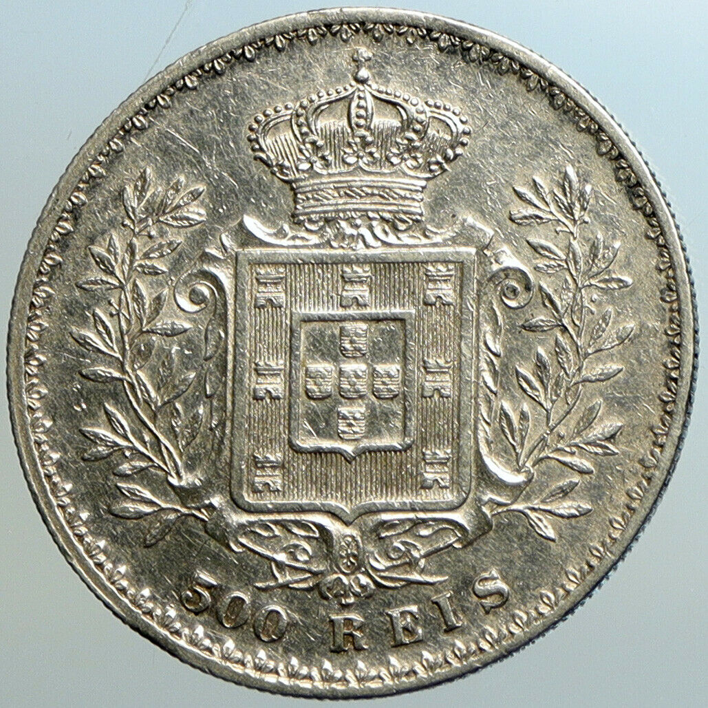 1891 PORTUGAL King Carlos I Antique OLD Silver 500 Reis Portuguese Coin i102570