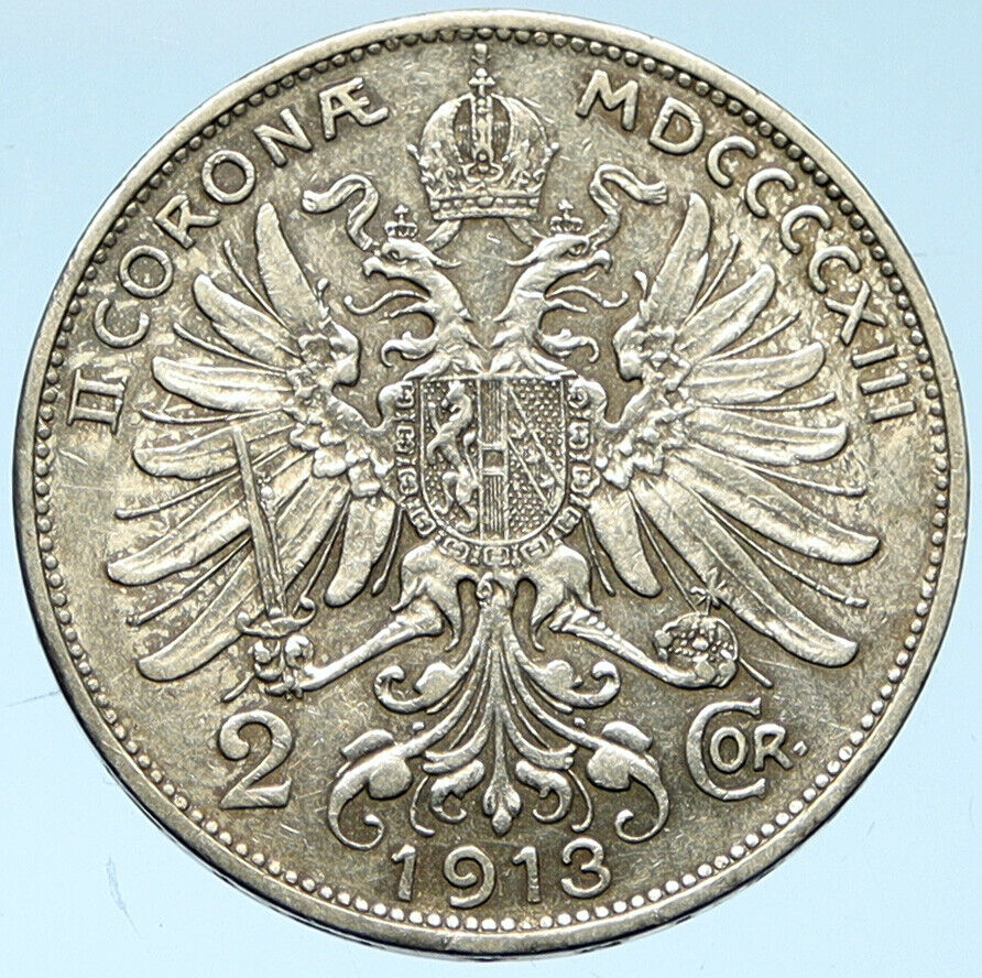 1913 AUSTRIA KING FRANZ JOSEPH I Eagle Antique OLD Silver 2 Corona Coin i102745