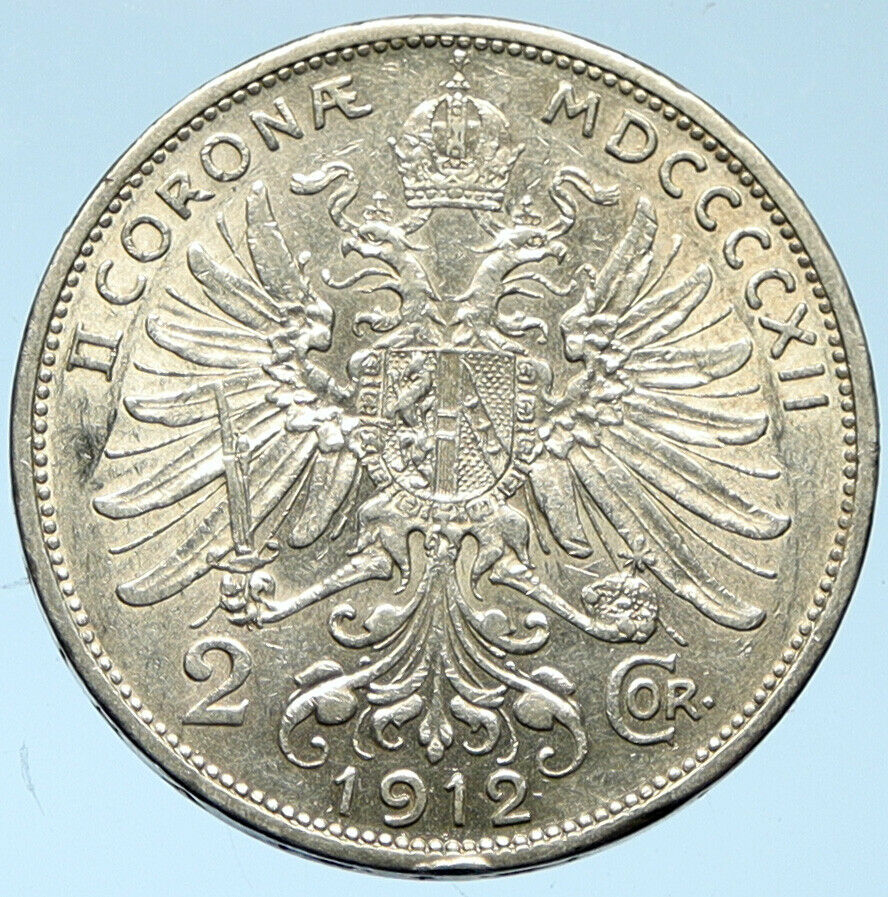 1912 AUSTRIA KING FRANZ JOSEPH I Eagle Antique OLD Silver 2 Corona Coin i102749