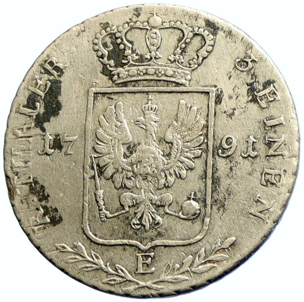 1791 PRUSSIA King Friedrich Wilhelm II GERMANY Silver 1/3 Thaler Coin i104696