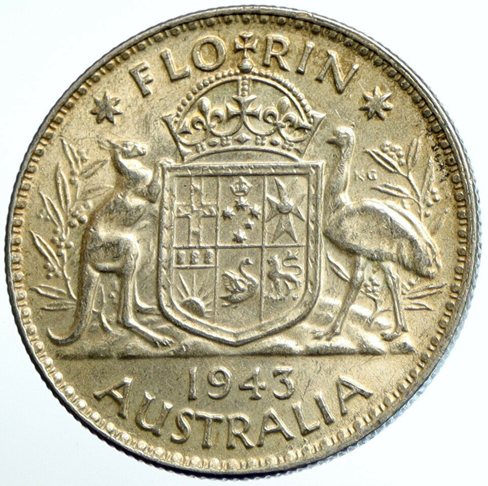 1943 AUSTRALIA King George VI Kangaroos VINTAGE Old Silver Florin Coin i104697