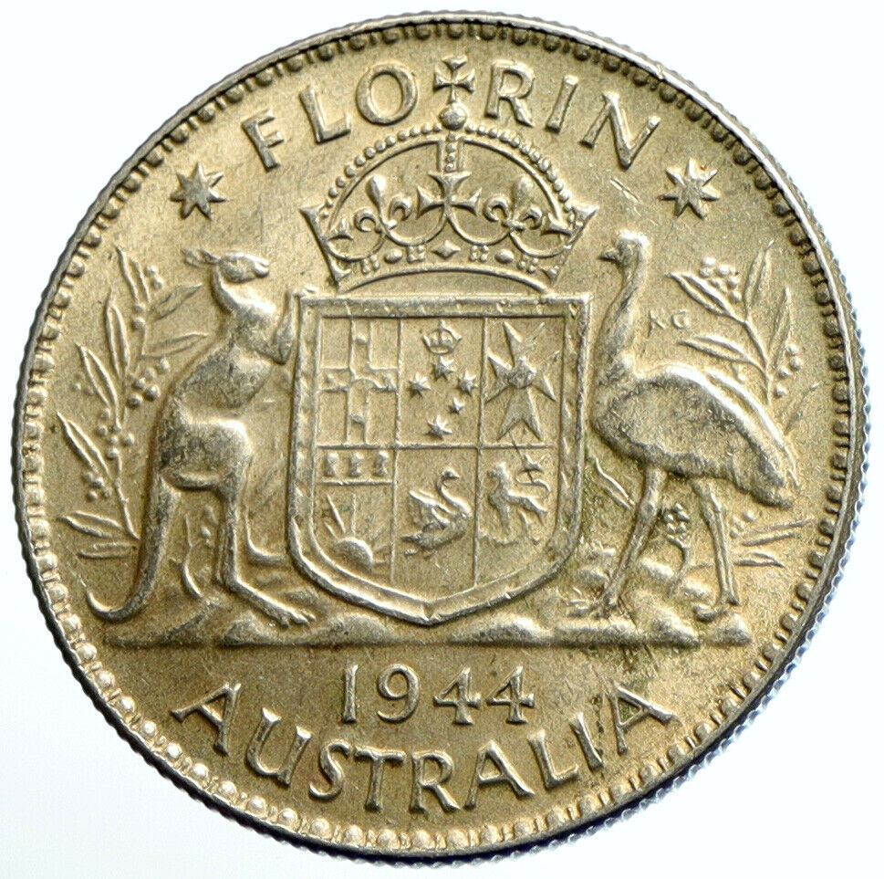 1944 AUSTRALIA King George VI Kangaroos VINTAGE Old Silver Florin Coin i104698