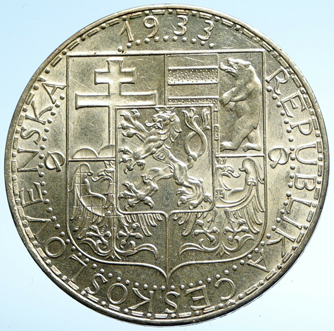 1933 CZECHOSLOVAKIA Industry Agriculture Business Silver 20 Korn Coin i104733