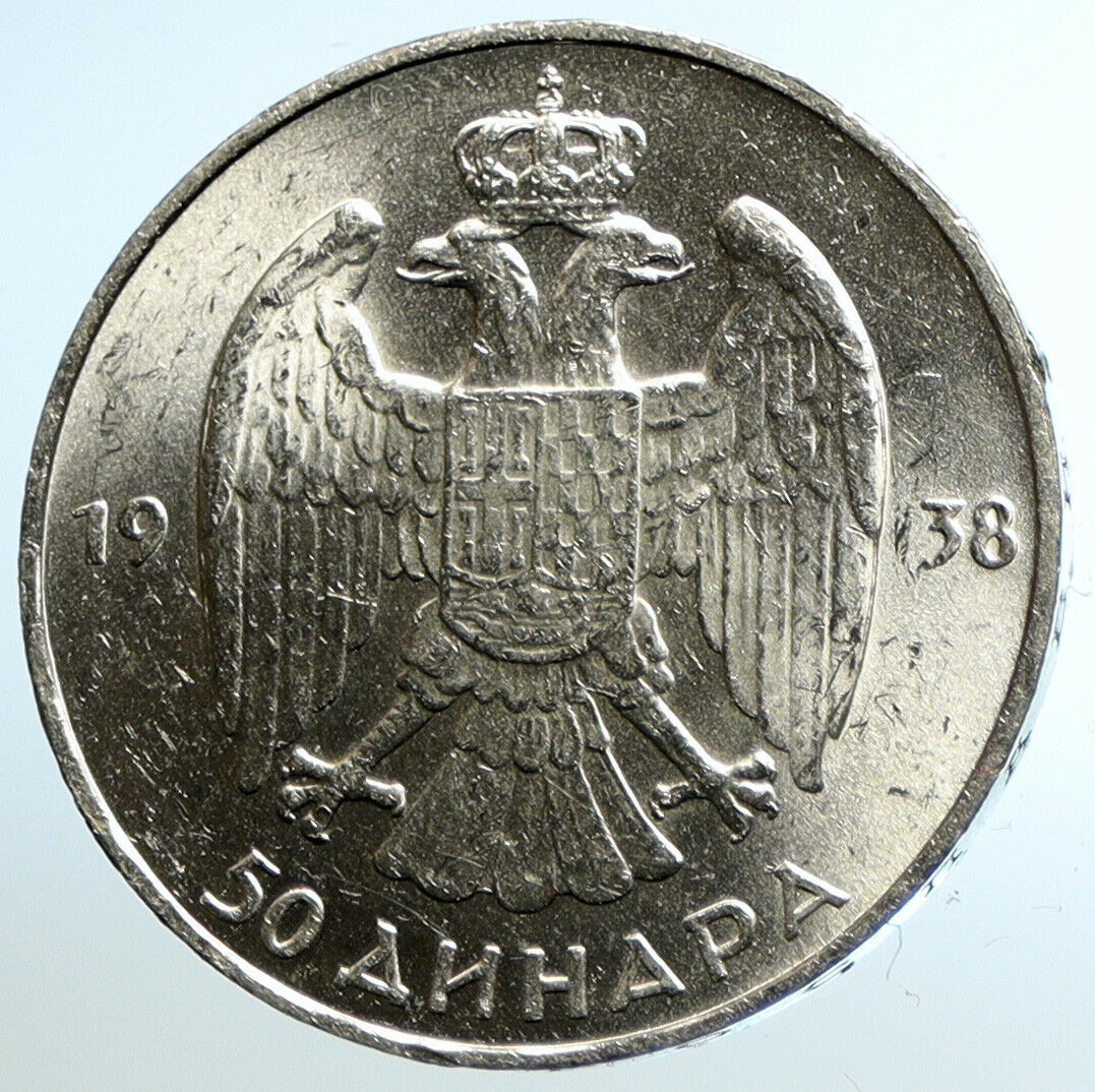 1938 YUGOSLAVIA King Peter II Crown Eagle ANTIQUE Silver 50 Dinara Coin i104744