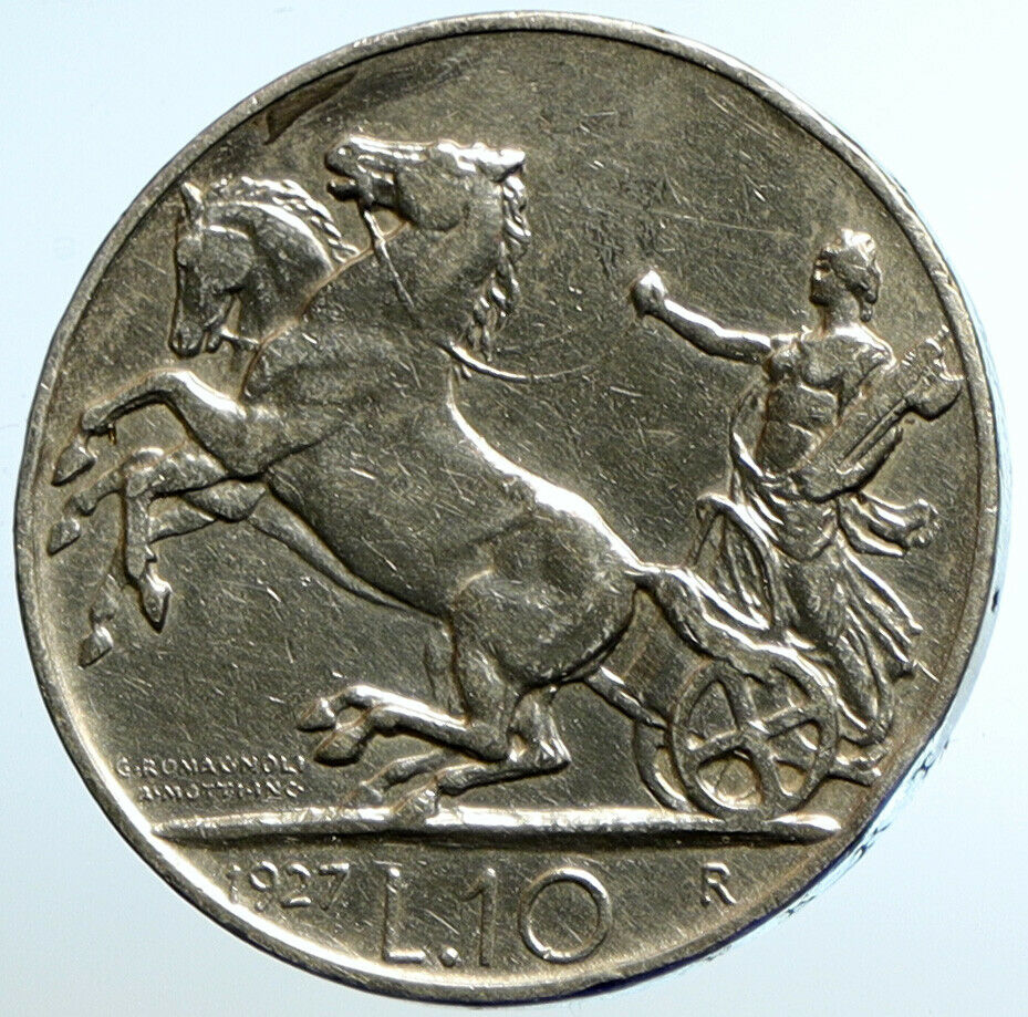 1927 ITALY King Victor Emmanuel III HORSES Silver Italian 10 Lire Coin i104745