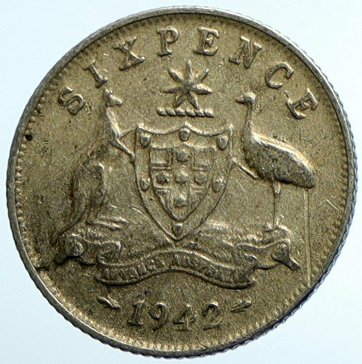 1942 AUSTRALIA King George VI Kangaroos Antique Silver Sixpence Coin i104717