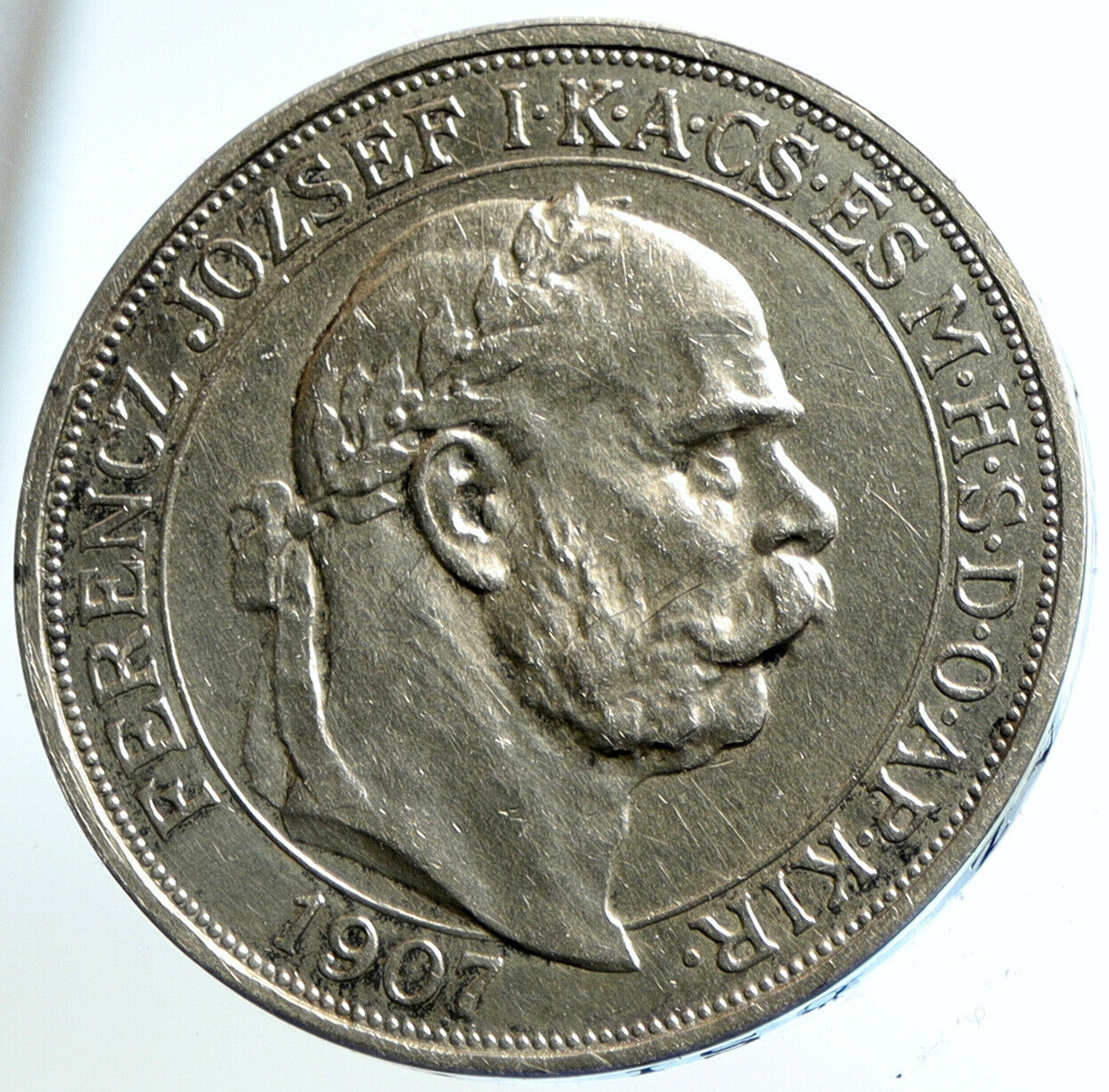 1907 HUNGARY King Franz Joseph I 40Y CORONATION Old Silver 5 Korona Coin i104635