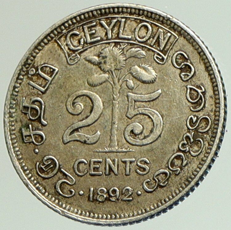 1892 CEYLON now SRI LANKA UK Queen Victoria Genuine Silver 25 Cents Coin i105137