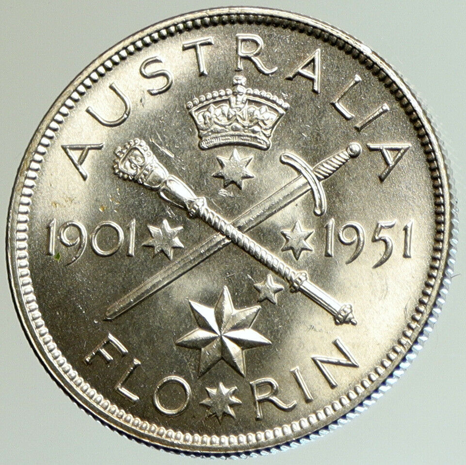 1951 AUSTRALIA King George VI 50th Anniv LARGE OLD Silver Florin Coin i105143