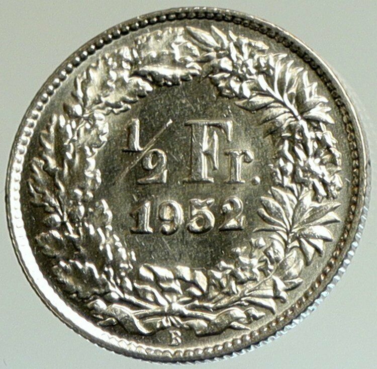 1952 B SWITZERLAND HELVETIA Symbolize SWISS Nation SILVER 1/2 Franc Coin i105161