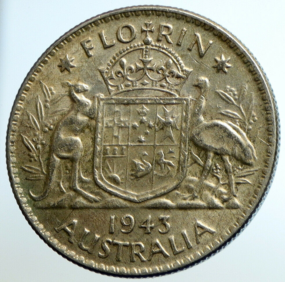 1943 AUSTRALIA Large King George VI Kangaroos OLD Silver Florin Coin i104655