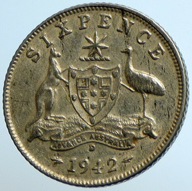 1942 D AUSTRALIA King George VI Kangaroos Antique Silver Sixpence Coin i104661