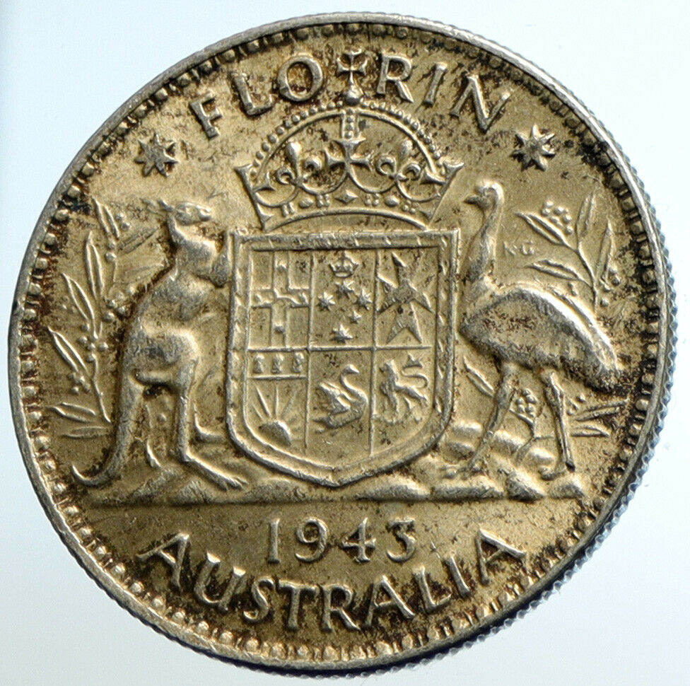 1943 AUSTRALIA Large King George VI Kangaroos OLD Silver Florin Coin i104643