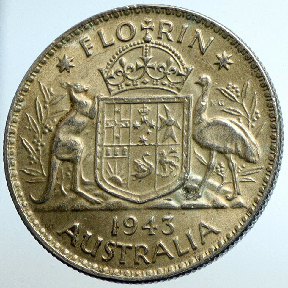 1943 AUSTRALIA Large King George VI Kangaroos OLD Silver Florin Coin i104642