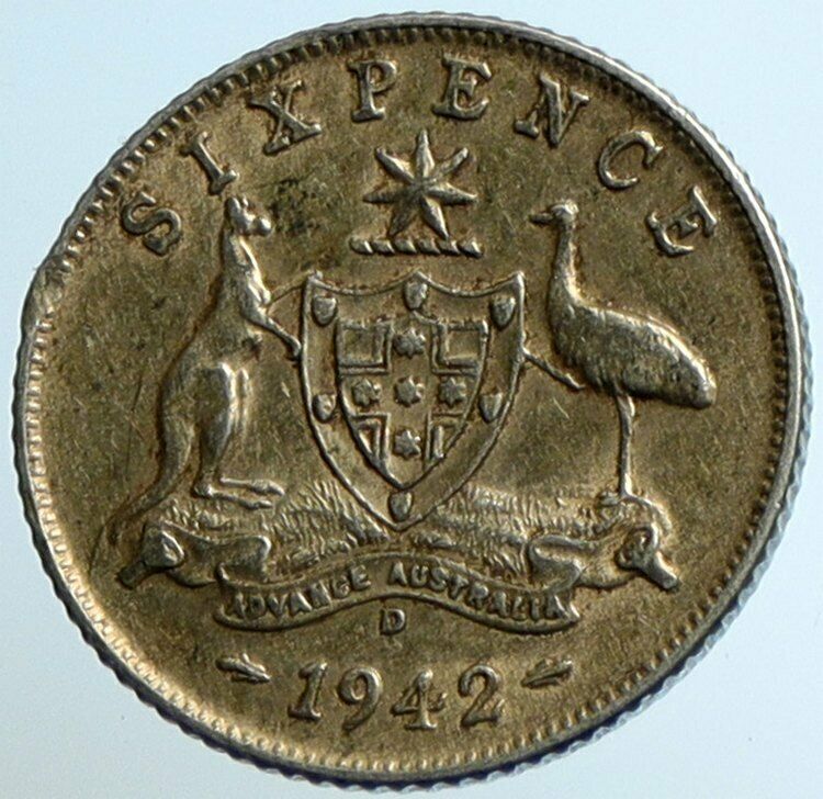 1942 D AUSTRALIA King George VI Kangaroos Antique Silver Sixpence Coin i104666