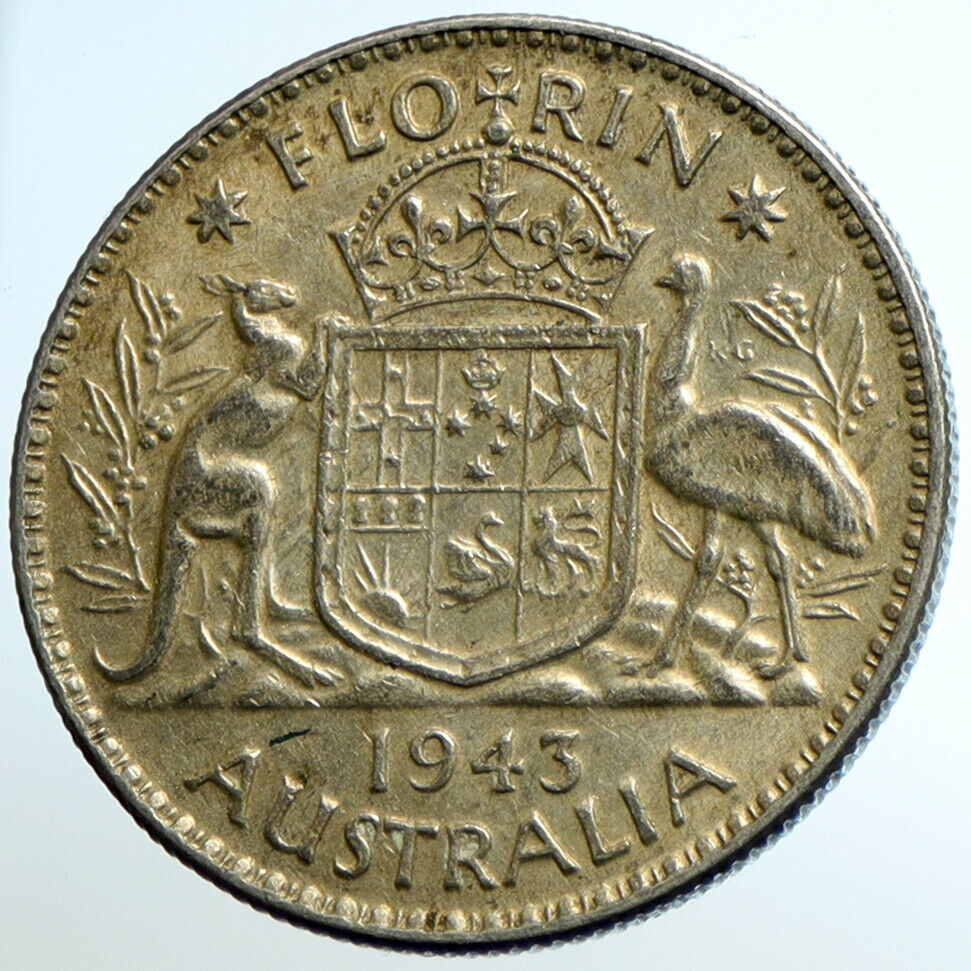 1943 AUSTRALIA Large King George VI Kangaroos OLD Silver Florin Coin i104648