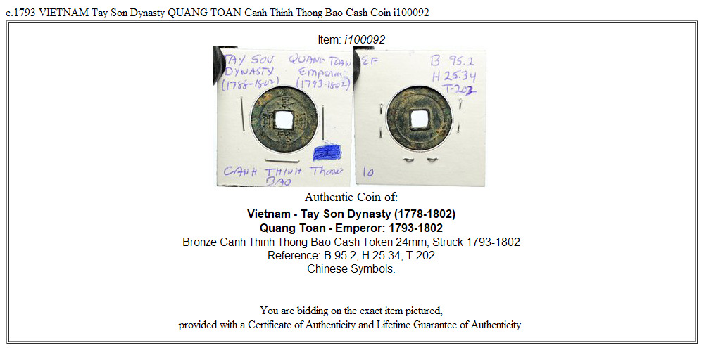 c.1793 VIETNAM Tay Son Dynasty QUANG TOAN Canh Thinh Thong Bao Cash Coin i100092