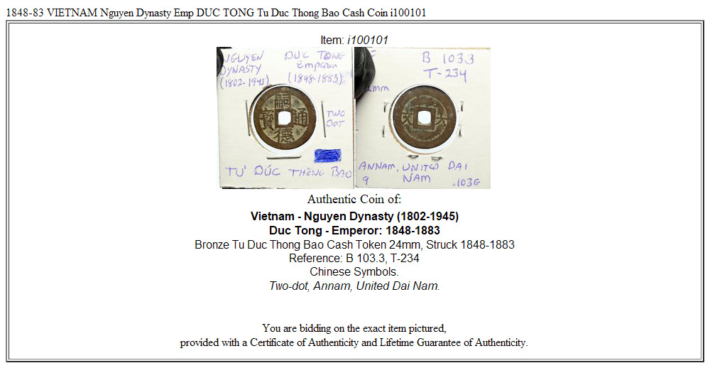 1848-83 VIETNAM Nguyen Dynasty Emp DUC TONG Tu Duc Thong Bao Cash Coin i100101