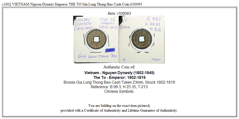 c1802 VIETNAM Nguyen Dynasty Emperor THE TO Gia Long Thong Bao Cash Coin i100093