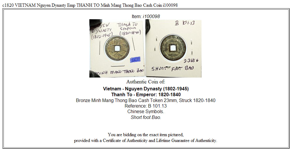 c1820 VIETNAM Nguyen Dynasty Emp THANH TO Minh Mang Thong Bao Cash Coin i100098