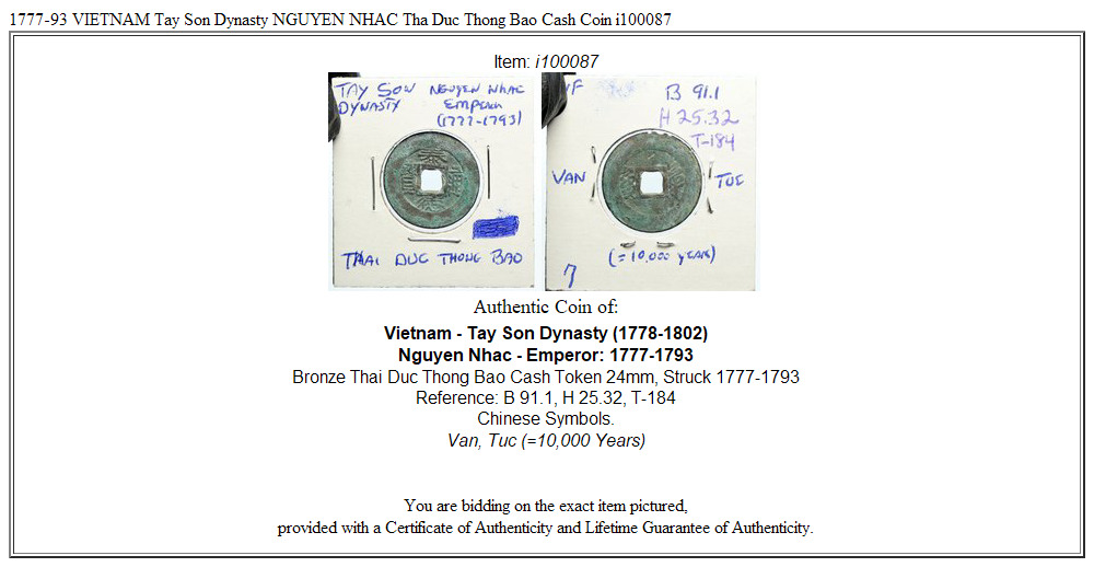 1777-93 VIETNAM Tay Son Dynasty NGUYEN NHAC Tha Duc Thong Bao Cash Coin i100087