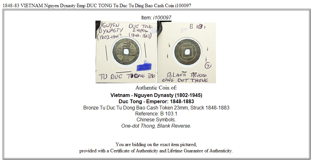 1848-83 VIETNAM Nguyen Dynasty Emp DUC TONG Tu Duc Tu Ding Bao Cash Coin i100097