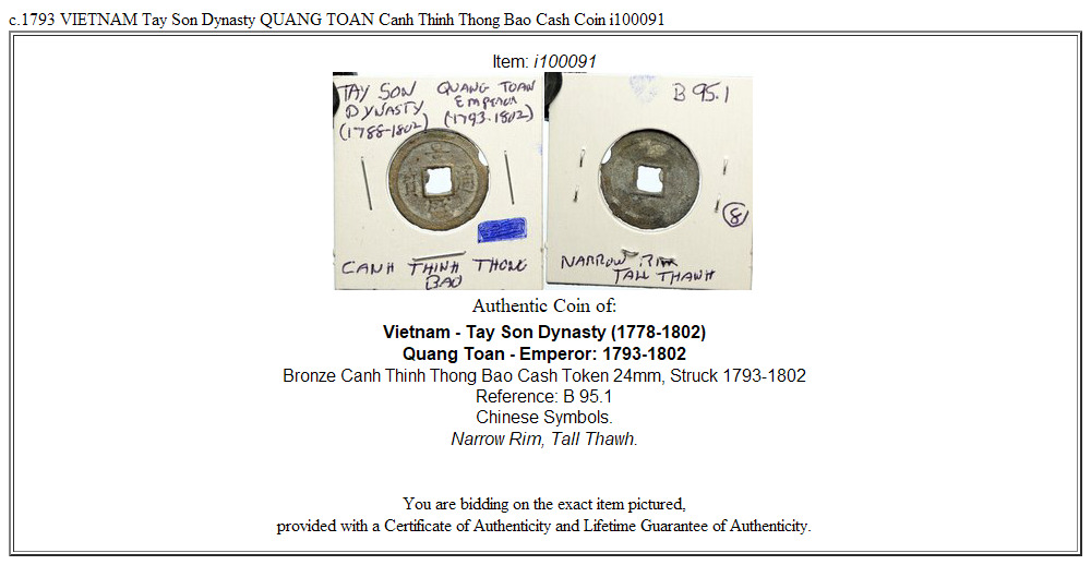 c.1793 VIETNAM Tay Son Dynasty QUANG TOAN Canh Thinh Thong Bao Cash Coin i100091