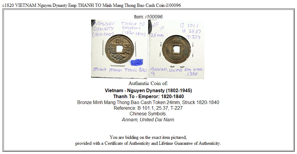 c1820 VIETNAM Nguyen Dynasty Emp THANH TO Minh Mang Thong Bao Cash Coin i100096