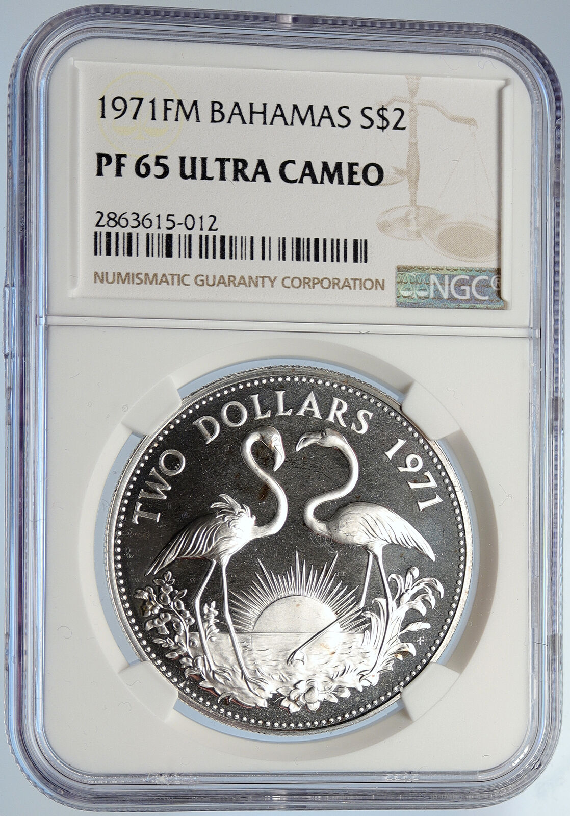 1971 The BAHAMAS Elizabeth II FLAMINGO Birds SILVER 2 Dollars Coin NGC i105644