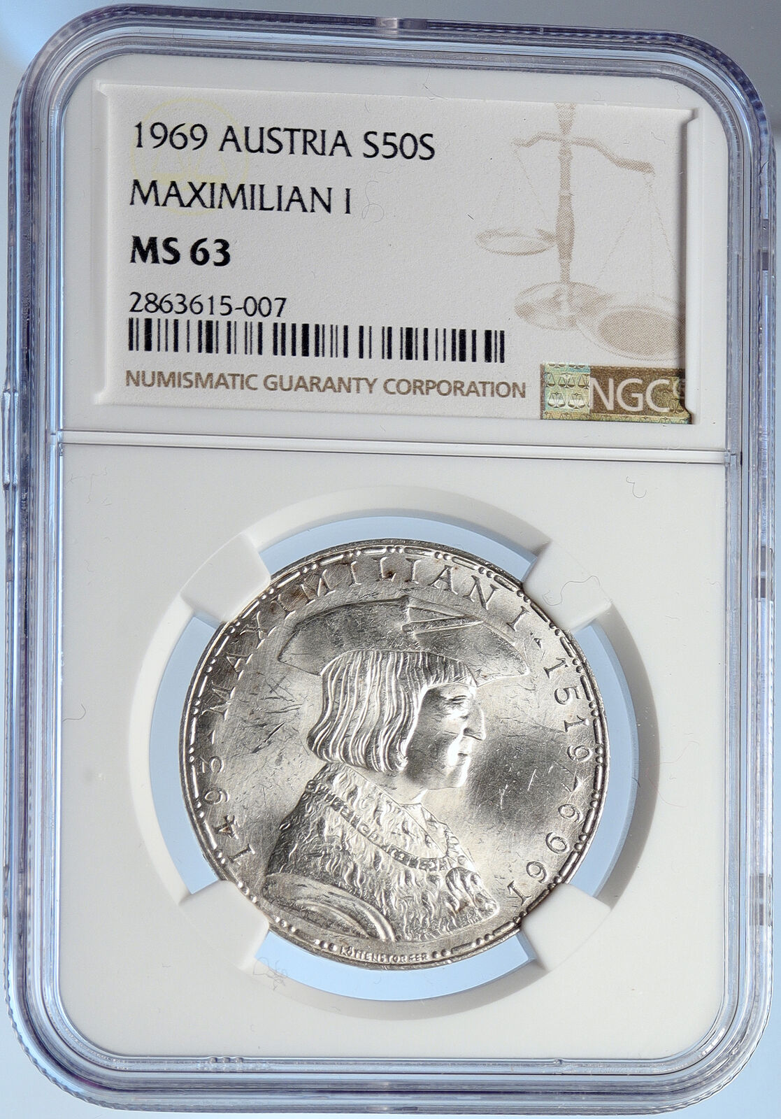 1969 AUSTRIA King Maximilian I Old Silver 50 Schilling Austrian Coin NGC i105639