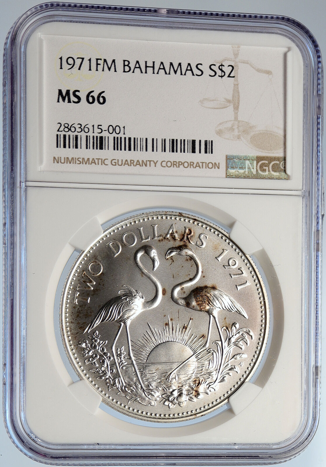 1971 The BAHAMAS Elizabeth II FLAMINGO Birds SILVER 2 Dollars Coin NGC i105621