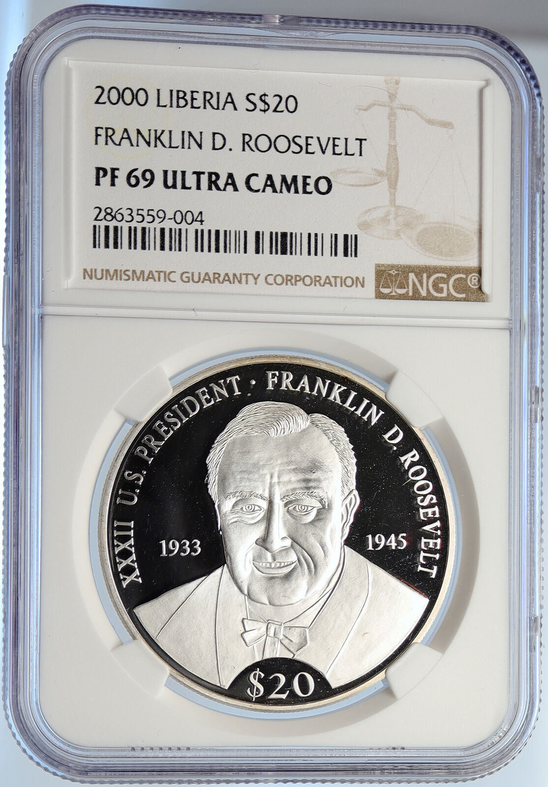 2000 LIBERIA President Franklin D Roosevelt Proof Silver $20 Coin NGC i105666