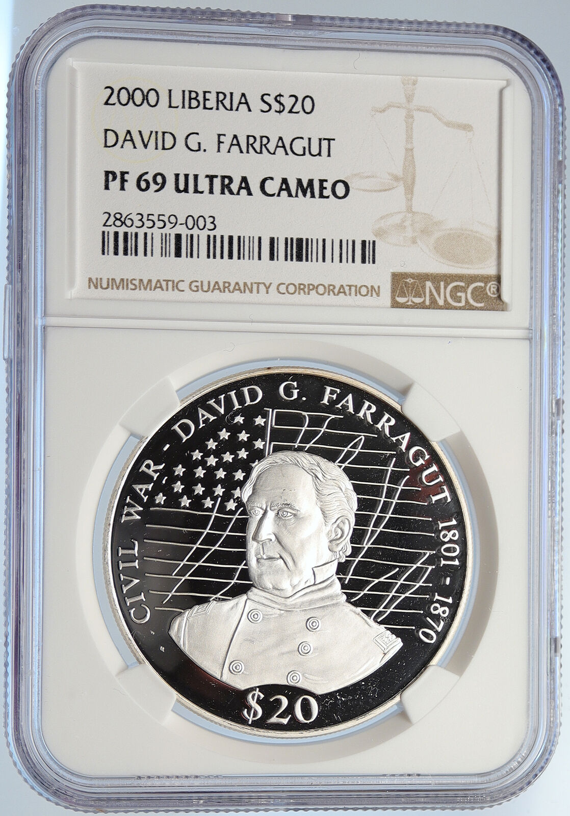 2000 LIBERIA US NAVY Admiral David Farragut Proof Silver $20 Coin NGC i105665