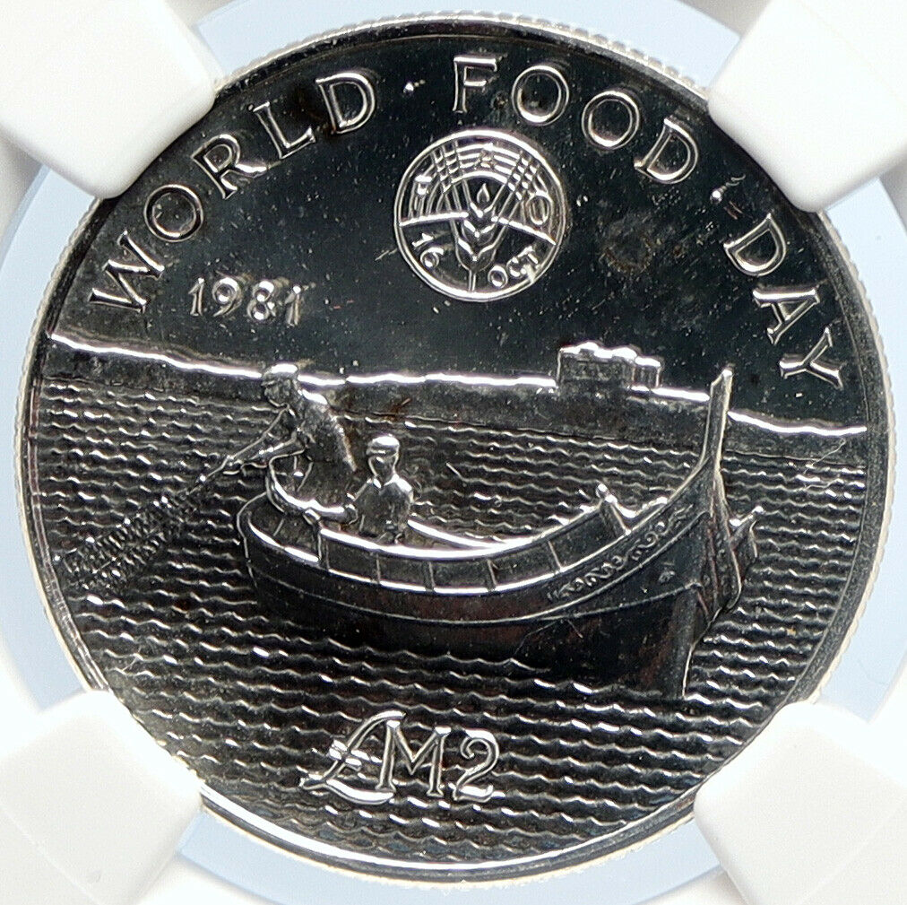 1981 MALTA FAO World Food Day Fishing Boat OLD Silver 2 Pounds Coin NGC i105673