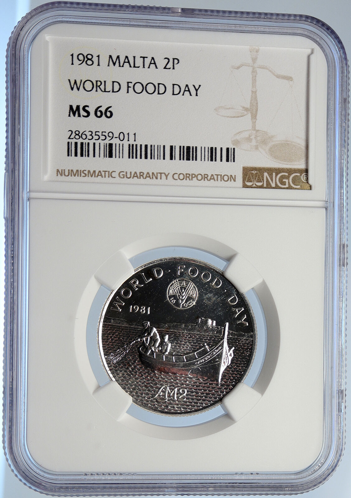 1981 MALTA FAO World Food Day Fishing Boat OLD Silver 2 Pounds Coin NGC i105673