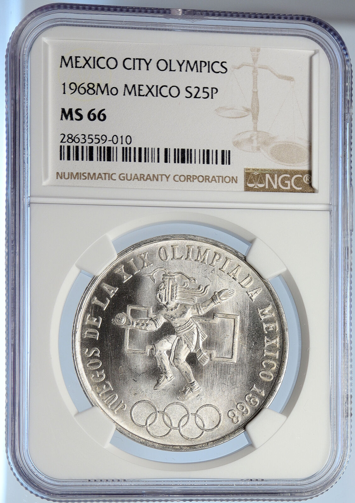 1968 Mexico XIX Olympic Games AZTEC Ball Player 25 Pesos Silver Coin NGC i105672