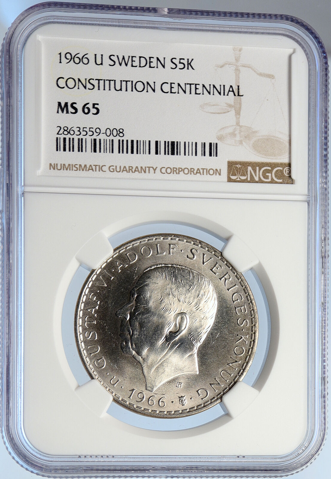 1966 U SWEDEN King GUSTAV VI ADOLF Parliament Silver 5 Kronor Coin NGC i105670