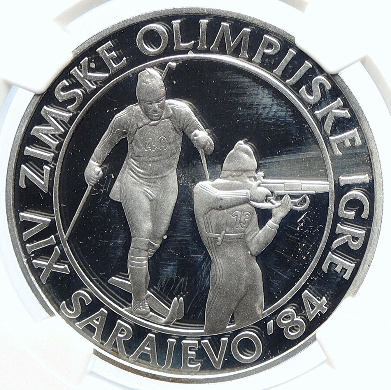 1983 YUGOSLAVIA '84 Olympics SARAJEVO Biathlon PRF Silver 500 D Coin NGC i105695