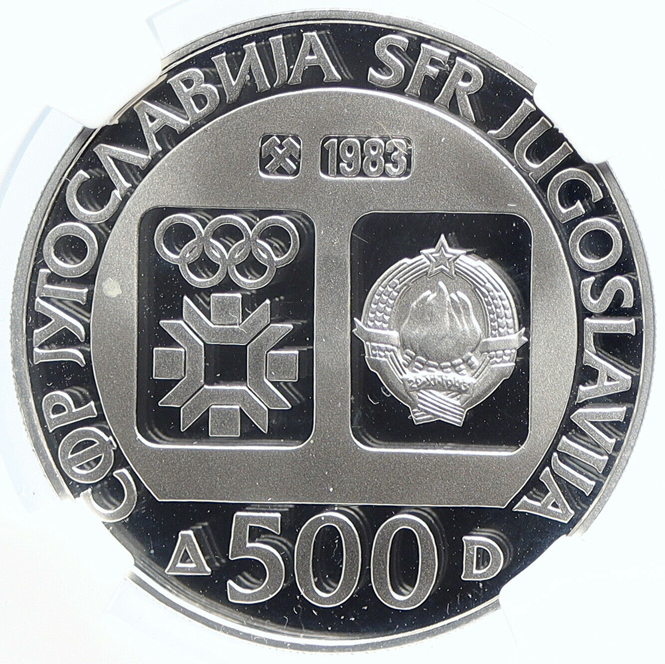 1983 YUGOSLAVIA '84 Olympics SARAJEVO Biathlon PRF Silver 500 D Coin NGC i105695