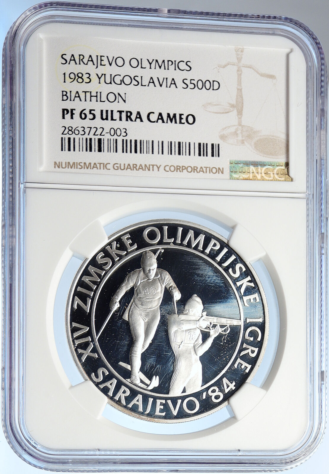 1983 YUGOSLAVIA '84 Olympics SARAJEVO Biathlon PRF Silver 500 D Coin NGC i105695