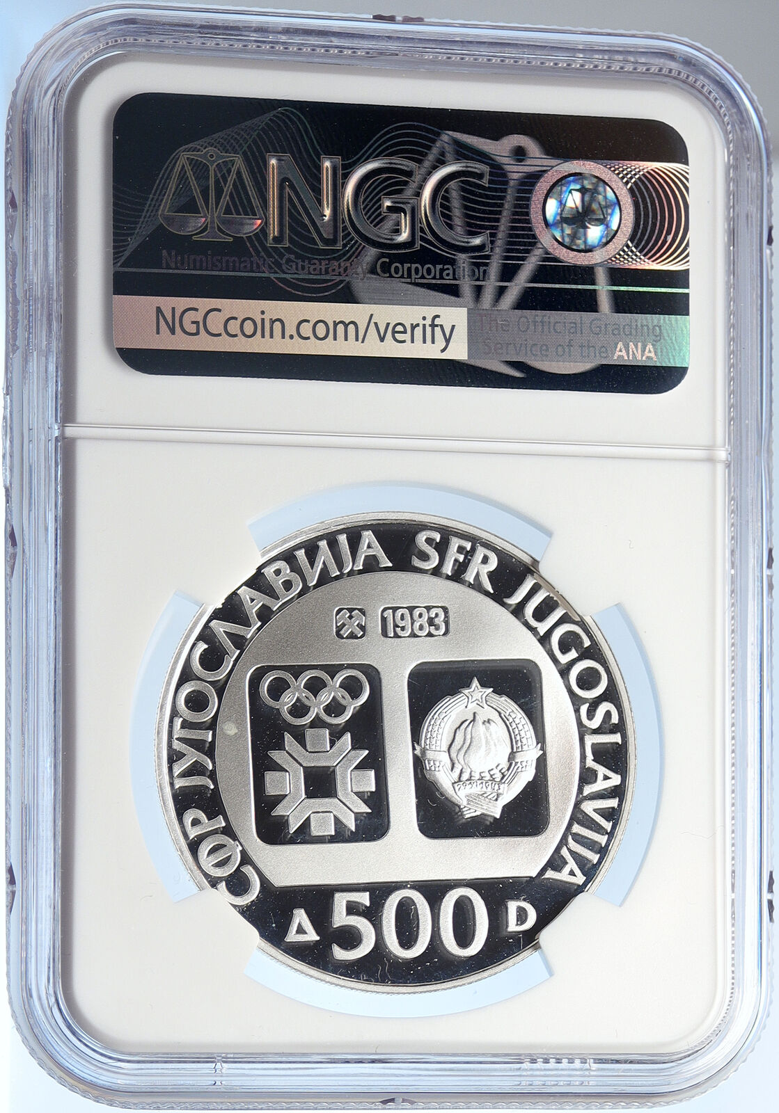 1983 YUGOSLAVIA '84 Olympics SARAJEVO Biathlon PRF Silver 500 D Coin NGC i105695