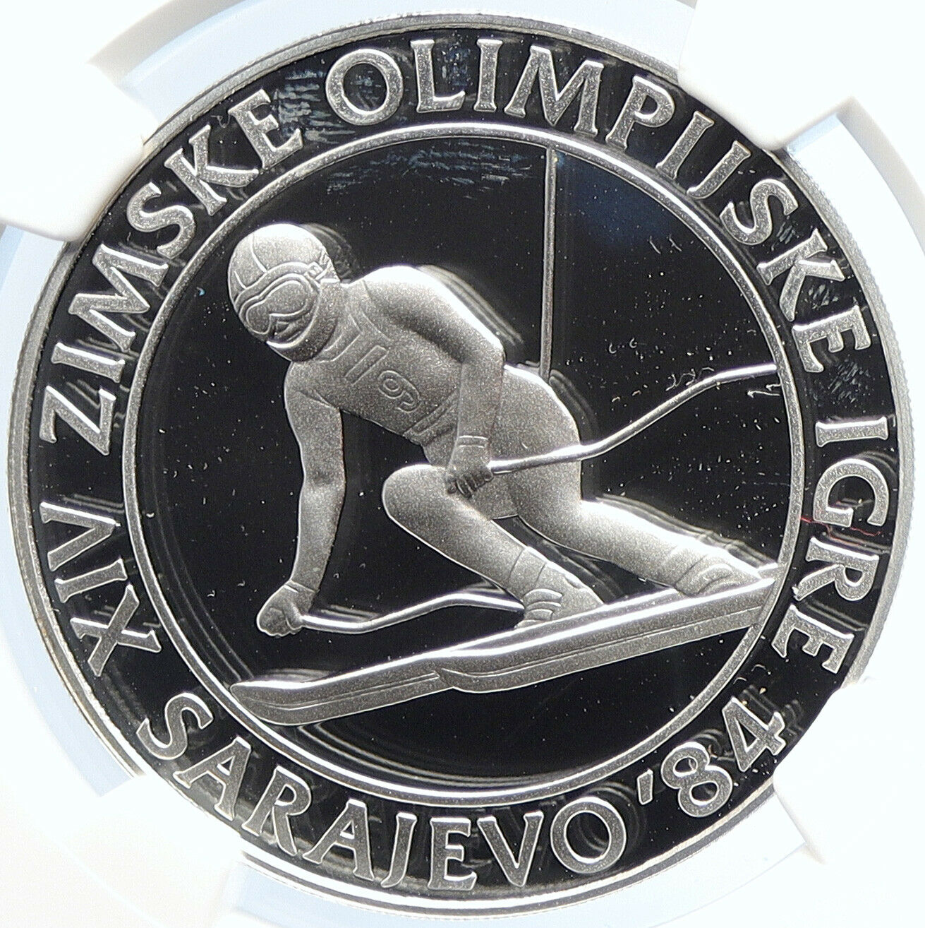 1984 YUGOSLAVIA Olympic SARAJEVO Slalom Skier Proof Silver 500D Coin NGC i105698